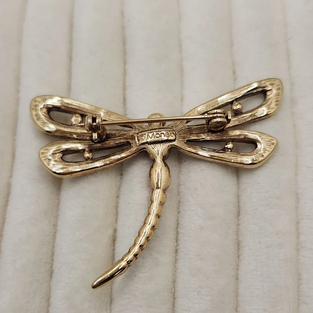 Monet Vintage Crystal Enamel Dragonfly Brooch Pin Signed Cottagecore Collectible